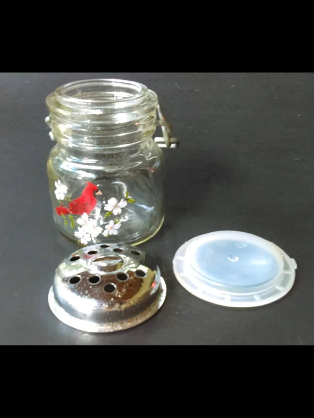 Mini Wire Bale-Top Jar Shaker Metal Top with Painted Cardinal West Virginia